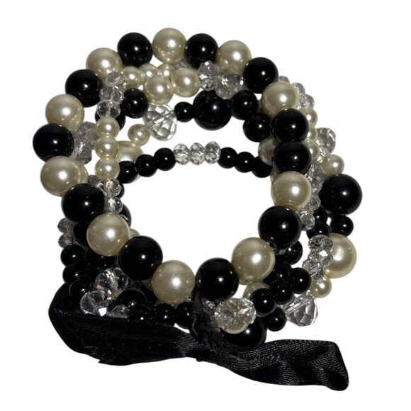 Black & White Faux Pearl Crystal Bead Stretch Bracelet Set W/ Black Bow Elegant - Picture 1 of 6